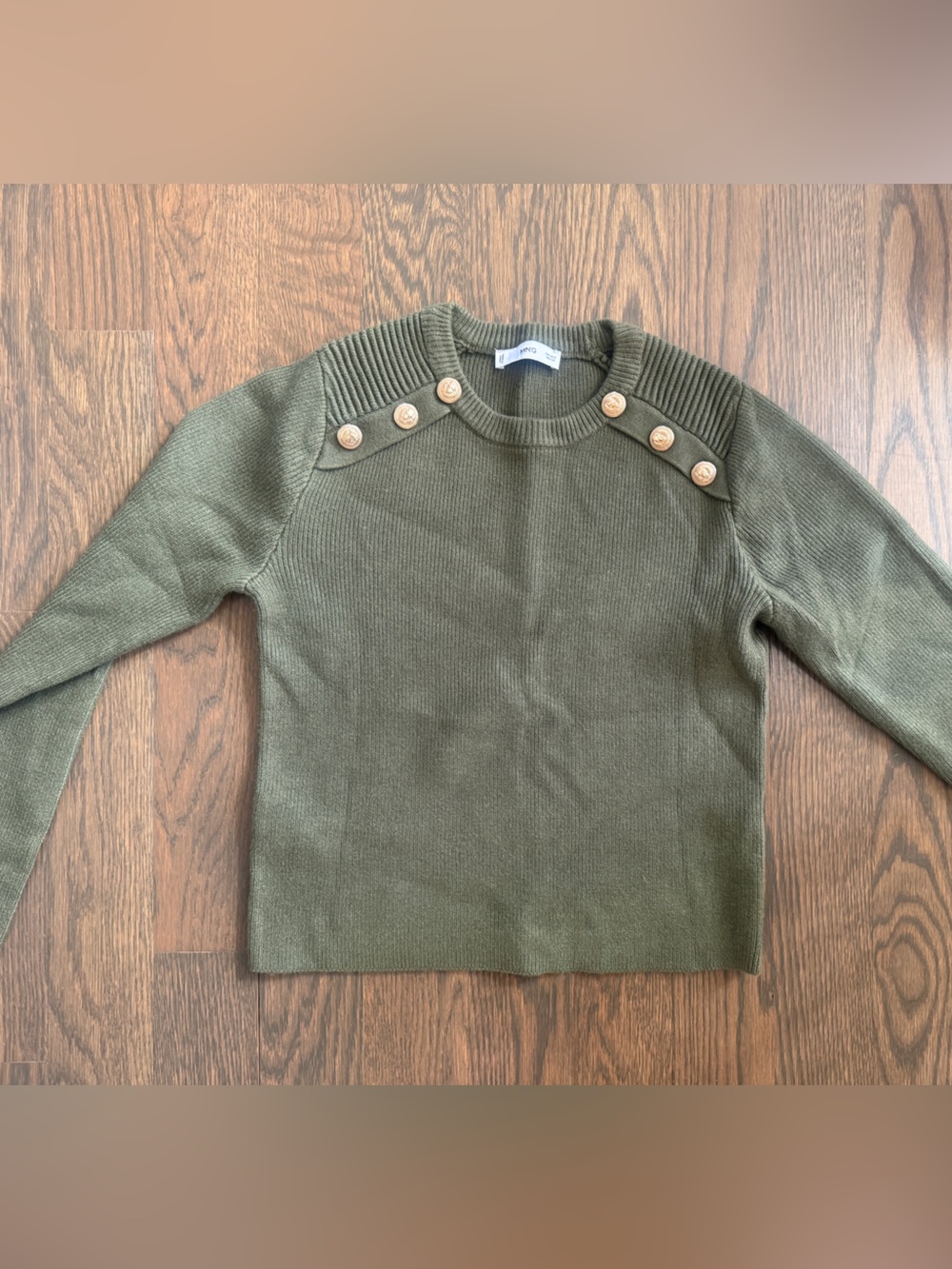 Mango Olive Green Crewneck Sweater with Shoulder Buttons